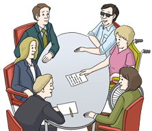 Sechs Personen sitzen an einem Tisch - sie sprechen miteinander Sechs Personen sitzen an einem Tisch - sie sprechen miteinander
