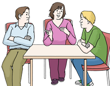 Drei Personen sprechen miteinander Drei Personen sprechen miteinander